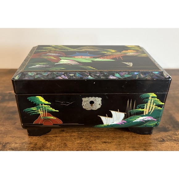 Other - Japanese Black Lacquer Abalone Inlay Mt. Fuji Scenic Music Jewelry Box Vintage
